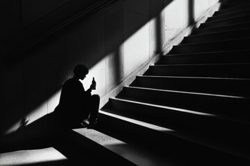 Fototapeta premium A lone figure sits on a staircase surrounded by striking contrasts of light and shadow, creating a reflective and introspective scene bathed in monochrome tones.