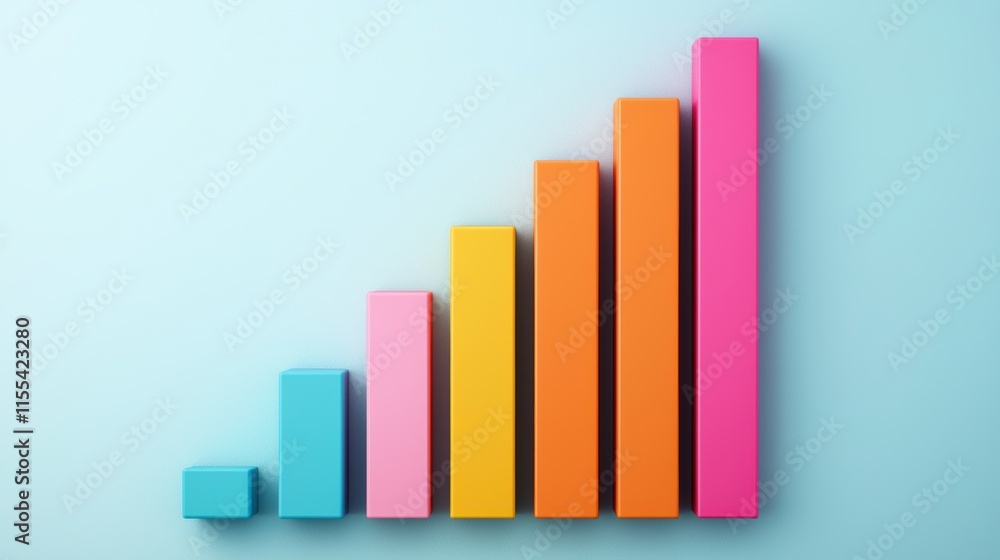 Poster 3d rendering of a colorful bar chart progressively increasing, representing growth, success, and pos