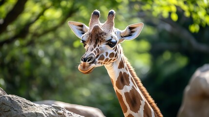 Fototapeta premium Graceful Young Giraffe in Sunlit Forest Capturing the Essence of African Wildlife and Elegance : Generative AI