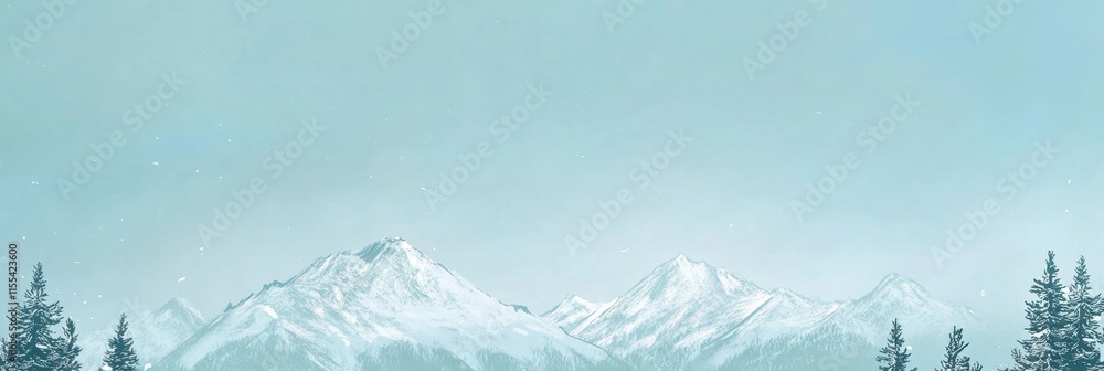 Poster winter doodle featuring snowy mountains and tall pine trees in a minimalist style with expansive cop