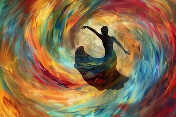 Dance of colors in a vibrant swirl creating a dynamic motion filled with energy and artistic expression