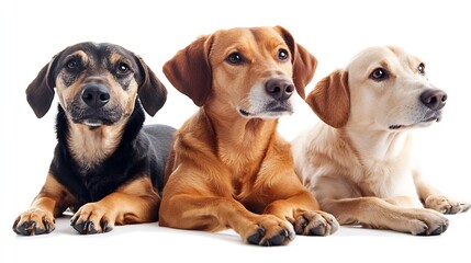 Three attentive dogs lined up with calm demeanor on white background : Generative AI
