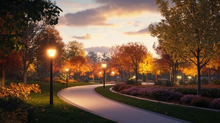 A serene park at dusk, with glowing LED streetlights illuminating a curved pathway and vibrant autumn trees