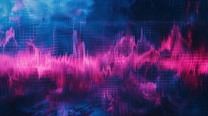 Fototapeta premium Vivid abstract representation of digital soundwave oscillations with intricate blue and pink grid-like textures, emphasizing futuristic design and technological inspiration.