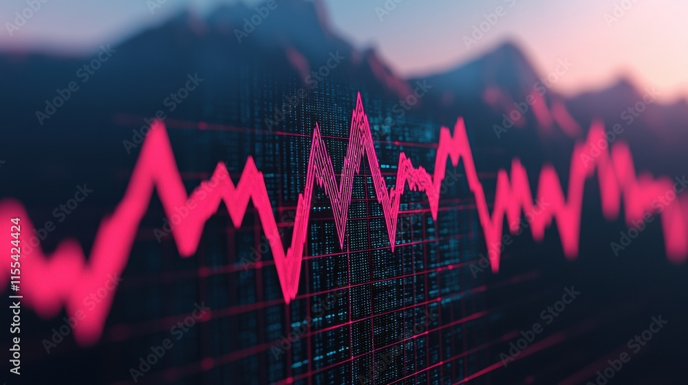 Poster Glowing pink line graph fluctuating on digital display, representing market volatility and financial data analysis