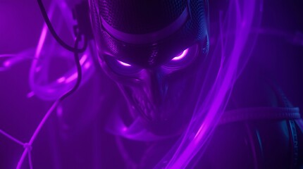 Mysterious figure in neon purple mask, evoking a dark fantasy.