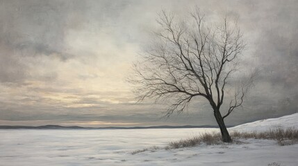 A serene winter landscape with a barren tree silhouetted against layers of soft gray clouds