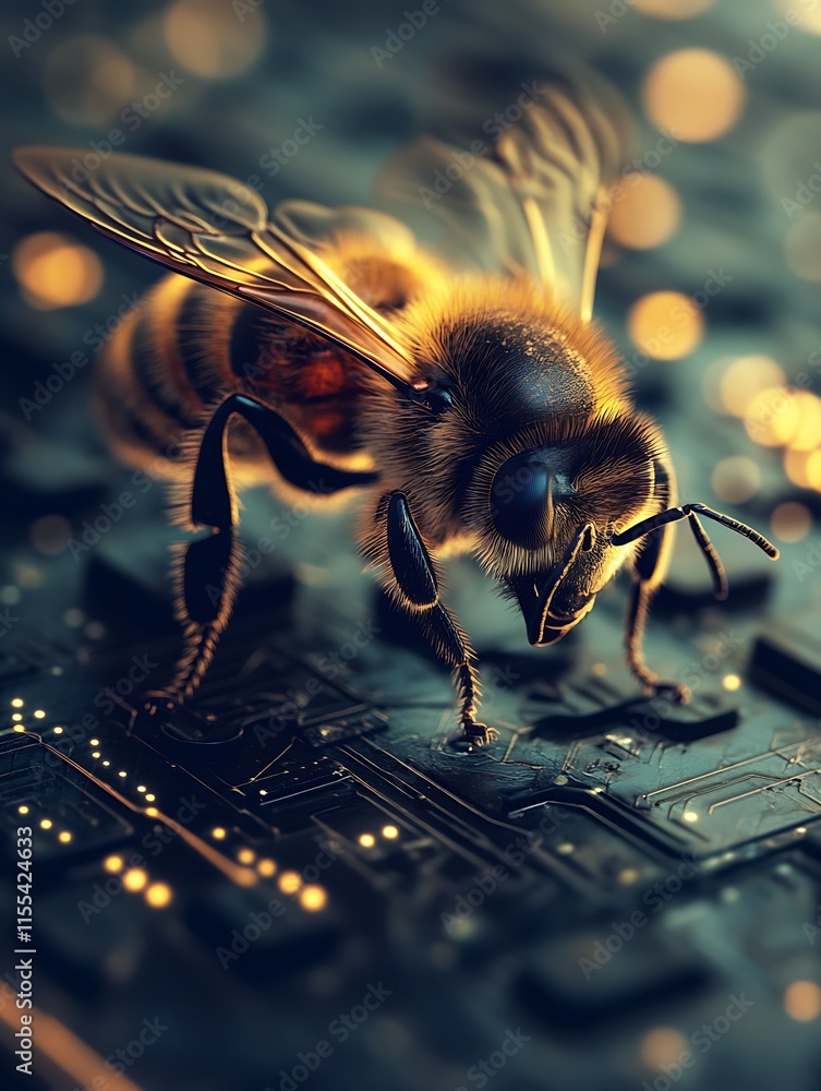 Fototapete Cybernetic Bee on Microchip Circuit Board with Glowing Lights : Generative AI