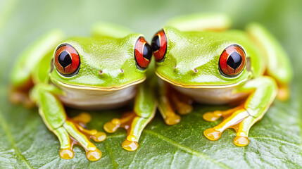 Captivating Close-Up of Two Vibrant Red-Eyed Tree Frogs in Their Rainforest Habitat