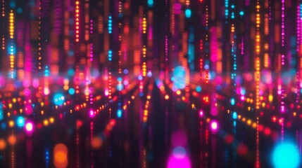 Obraz premium Abstract colorful binary code display with vertical glowing blocks in vibrant red, orange, pink, and blue hues, symbolizing futuristic technology and digital innovation.