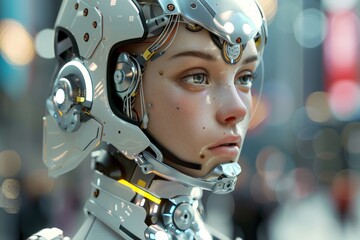 Fototapeta premium Futuristic robotic head showcasing advanced technology and intricate design elements in a modern interior setting