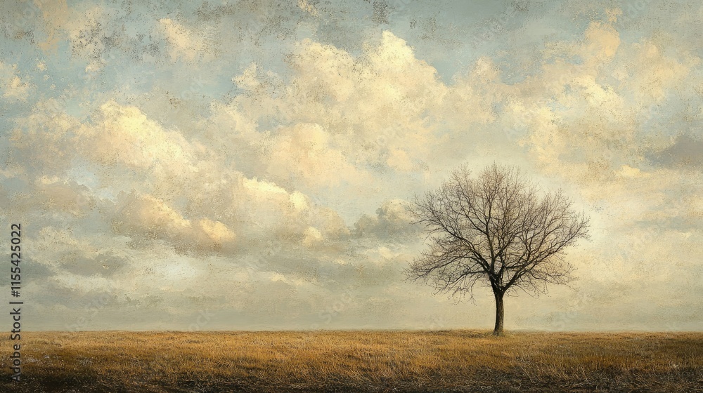 Poster a single leafless tree in an open field under a vast, textured winter sky filled with soft clouds
