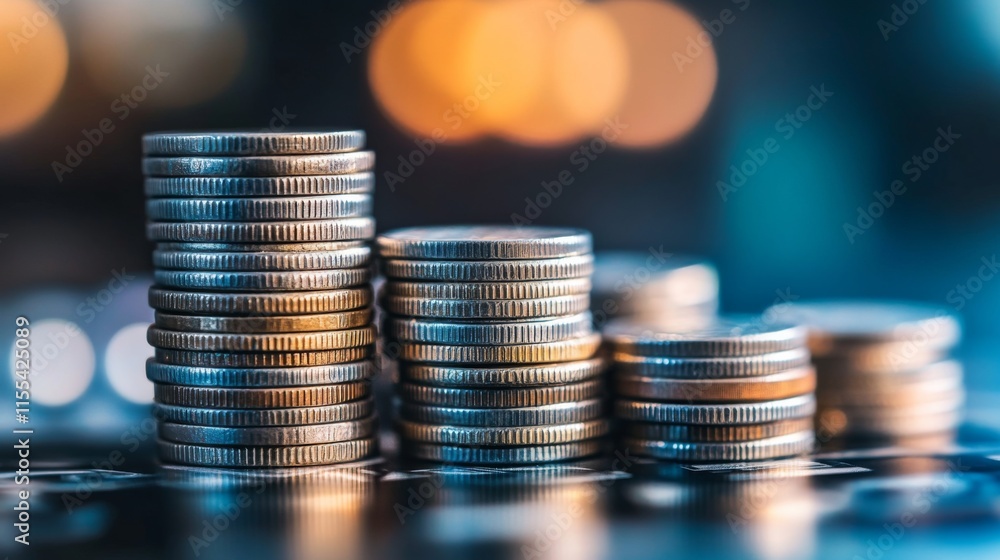 Poster stacked coins with dim light in professional setting