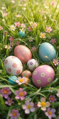 Colorful Easter eggs nestled in spring grass, nature scene,image,outdoor