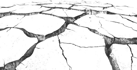 Cracked ground surface. Deep dark cracks on white background. Drought, aridity and impact of climate change on environment. Vector texture with many cracks and scratches.