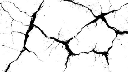 Black cracks. Grunge texture of branched lines. Broken damaged wall or parched earth, cracked concrete or asphalt surfaces. Vector illustration.
