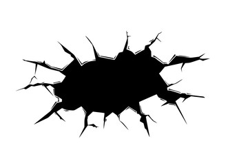 Black hole with sharp edges in wall or on ground. Cracked surface. Cracks, damage from natural disasters or explosion, earthquakes or drought. Vector illustration.