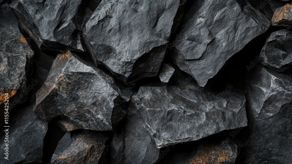 Poster a sleek black background featuring angular geometric stones and rocks with subtle highlights and sha