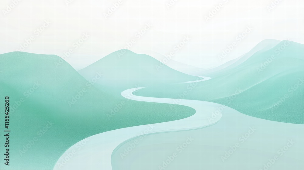 Leinwandbilder winding river through minimalist mountain range with ample space for text. generative ai