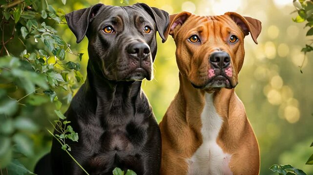 A digital rendering of a powerful black and brown pitbull standing majestically in a lush green forest setting, the sunlight filtering through the trees illuminating its glossy coat and intense gaze.