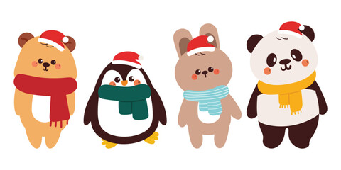 hand drawing cartoon winter animal sticker set. cute animal with scarf drawing, doodle set