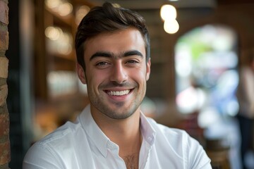 Fototapeta premium Portrait of smiling young man entrepreneur working in restaurant