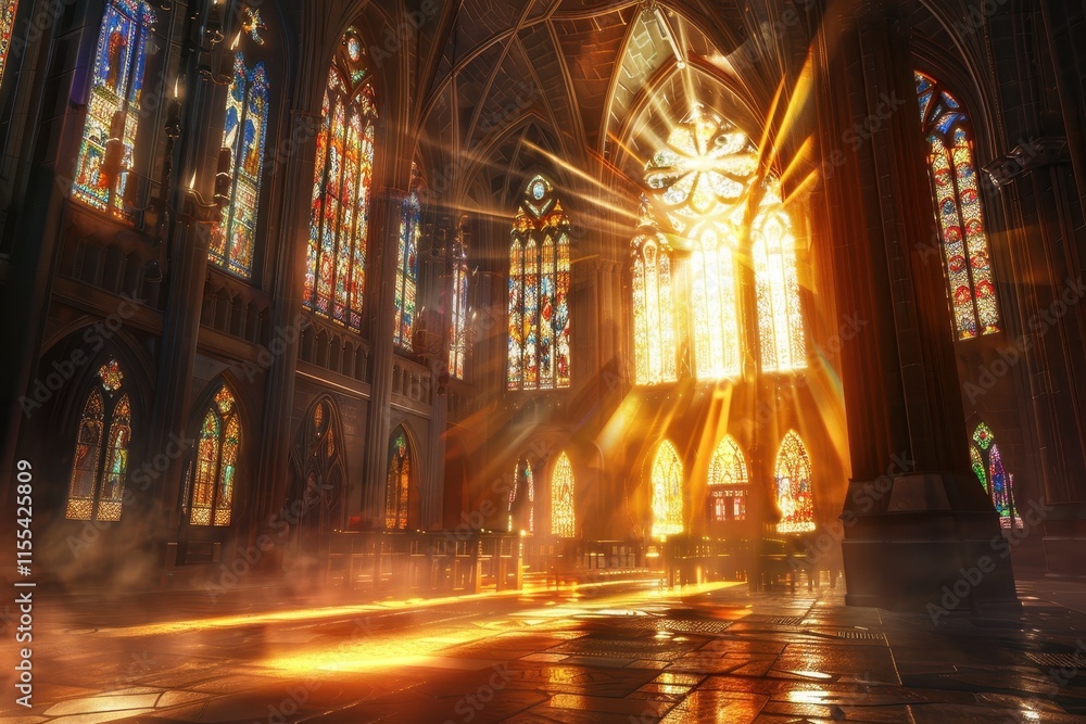 Poster light streams through stained glass windows in a grand hall during a serene afternoon, illuminating 