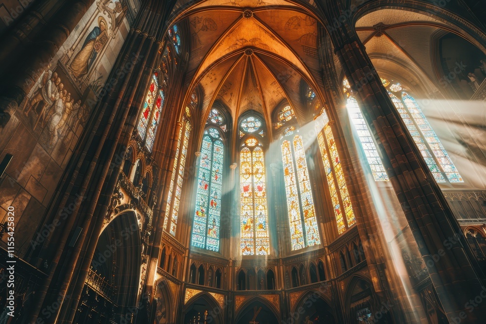 Poster light streams through stained glass windows in a grand hall during a serene afternoon, illuminating 