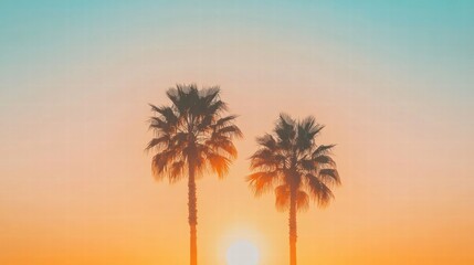 Palm trees silhouetted against a pastel orange and blue gradient sky at sunset create a peaceful tropical atmosphere. Generative AI