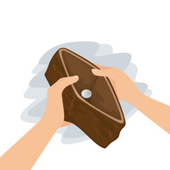 A Broke man hand with empty wallet. No money pocket. Flat, Vector, Illustration, Cartoon, EPS10.