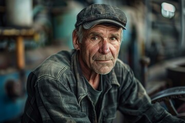 Portrait of a senior caucasian factory worker wearing a cap looking at the camera