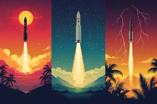 Vibrant rocket launches against diverse scenic backdrops