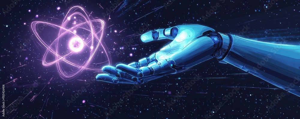 Poster futuristic ai robot hand holding a glowing atomic structure in space