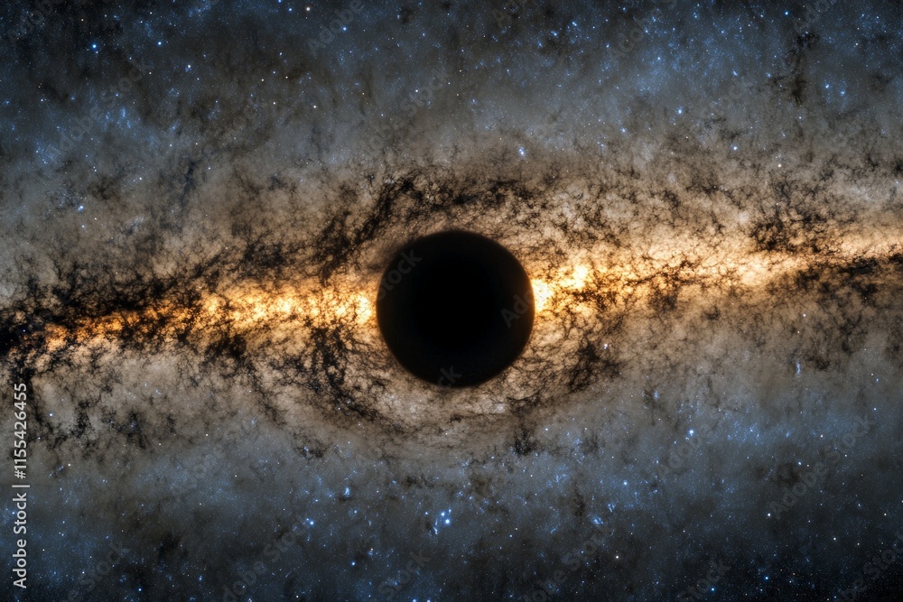 Poster in the center of a celestial scene, a dark orb dominates the foreground, framed by a wide band of li