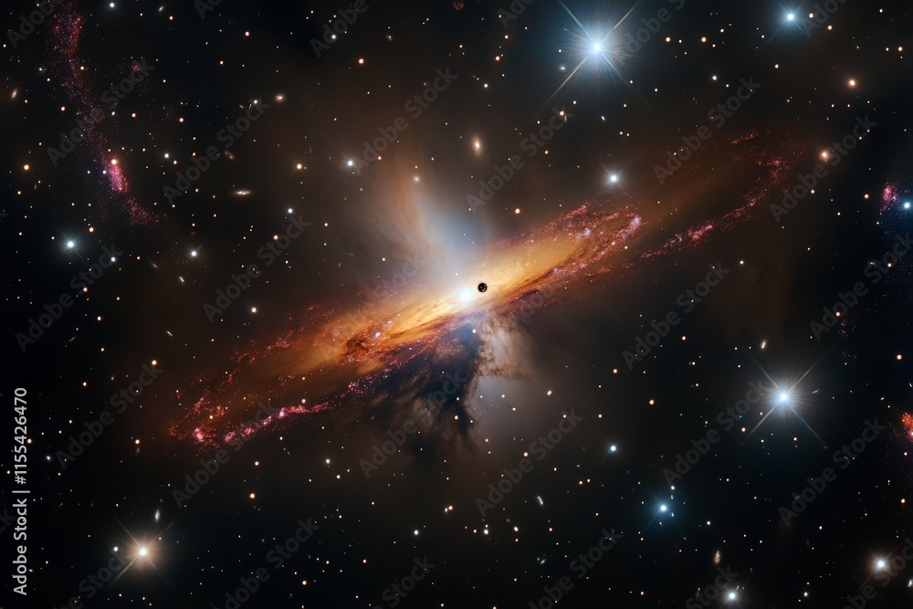 Poster a mesmerizing scene where a colorful nebula engulfs a central black hole, creating a breathtaking br