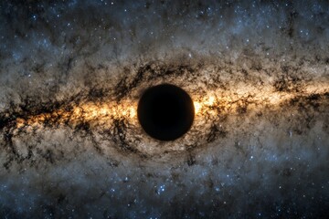 Naklejka premium In the center of a celestial scene, a dark orb dominates the foreground, framed by a wide band of light and the twinkling of innumerable distant stars beyond.