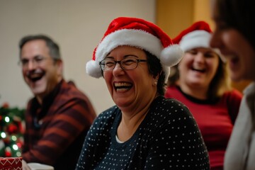 A cheerful group of friends wearing red Santa hats are enjoying laughter and camaraderie indoors,...