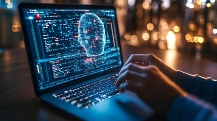 Fototapeta premium Exploration of artificial intelligence through a modern laptop interface at night
