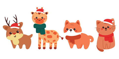 hand drawing cartoon winter animal sticker set. cute animal with scarf drawing, doodle set