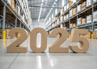 Wood-made 2025 year number standing on the floor of a warehouse. 
