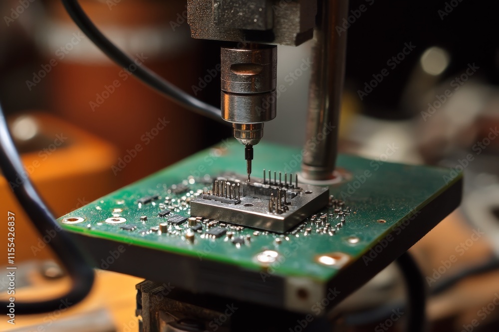 Aufkleber a detailed close-up shot captures the intricate process of electronic circuit board manufacturing, h