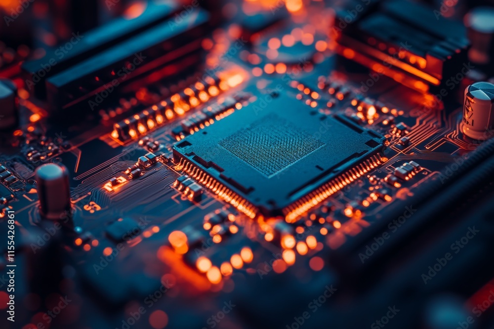 Poster A close-up image of a microchip on an illuminated circuit board, capturing the advanced technology and precision engineering of modern electronic components.