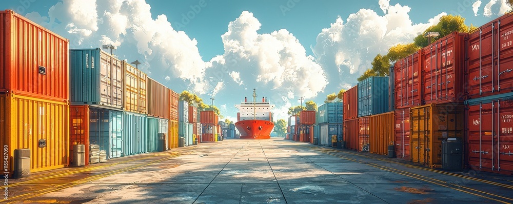 Poster isometric view of an empty port with colorful cargo containers
