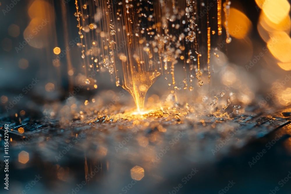 Leinwandbilder a mesmerizing close-up of golden sparks cascading over electronic microchip circuits, illustrating t