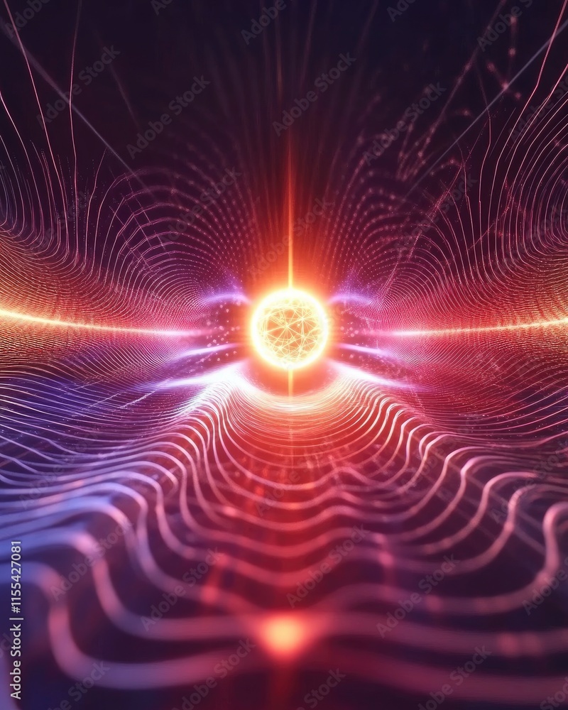 Poster abstract representation of energy waves converging towards a central bright source.