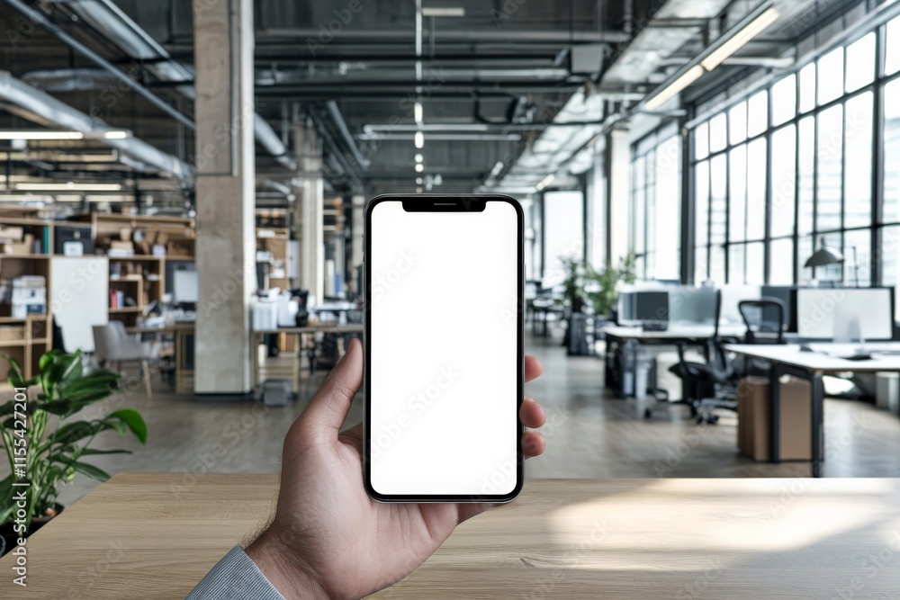 Poster a hand holding a smartphone with a blank screen in a sleek corporate office environment filled with 