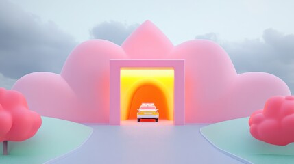 Car driving through colorful portal in dreamy landscape digital art surreal environment artistic view