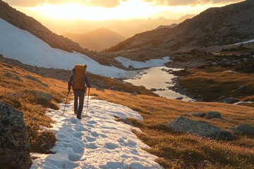 A hiker walks down a snowy mountain trail bathed in golden sunset light, amidst vast, breathtaking views, encapsulating solitude, mindfulness, and adventure.