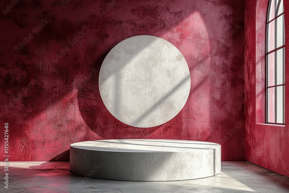 Poster minimal abstract interior with circular platform and textured red walls