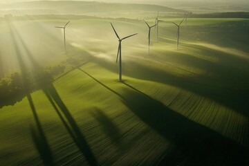 The green landscape is dotted with wind turbines as soft light illuminates the fields gently, representing renewable energy and environmental sustainability.